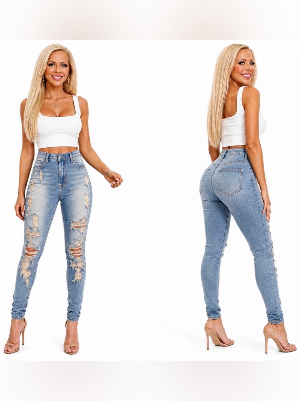 AP Blue High Rise Distressed Skinny Jeans | Size 1 | Edgy Ripped Denim